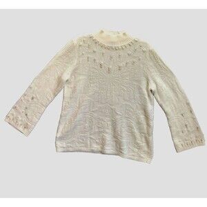 Chicos Sweater Size 2 Large Ivory Embellished Mock Neck Quiet Luxury Dinner Date